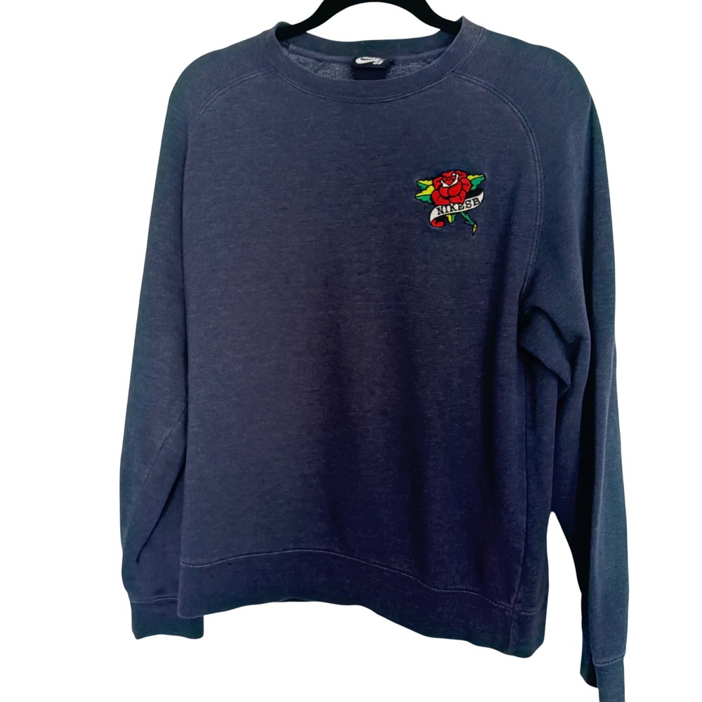 Nike SB Sweatshirt Mens Medium Blue Embroidered Rose Raglan Crewneck